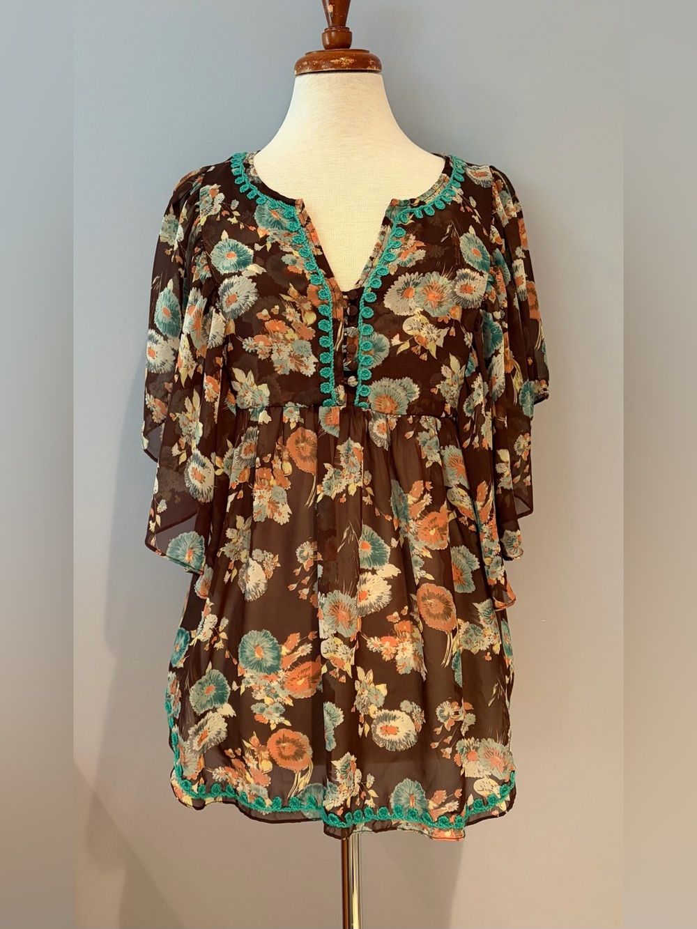 Floral Sheer Blouse with Teal Accents